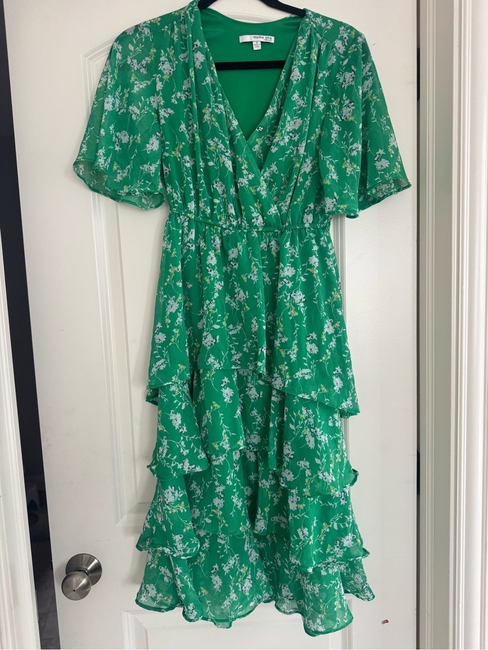 Studio One Green Floral Tiered Wrap Midi Dress